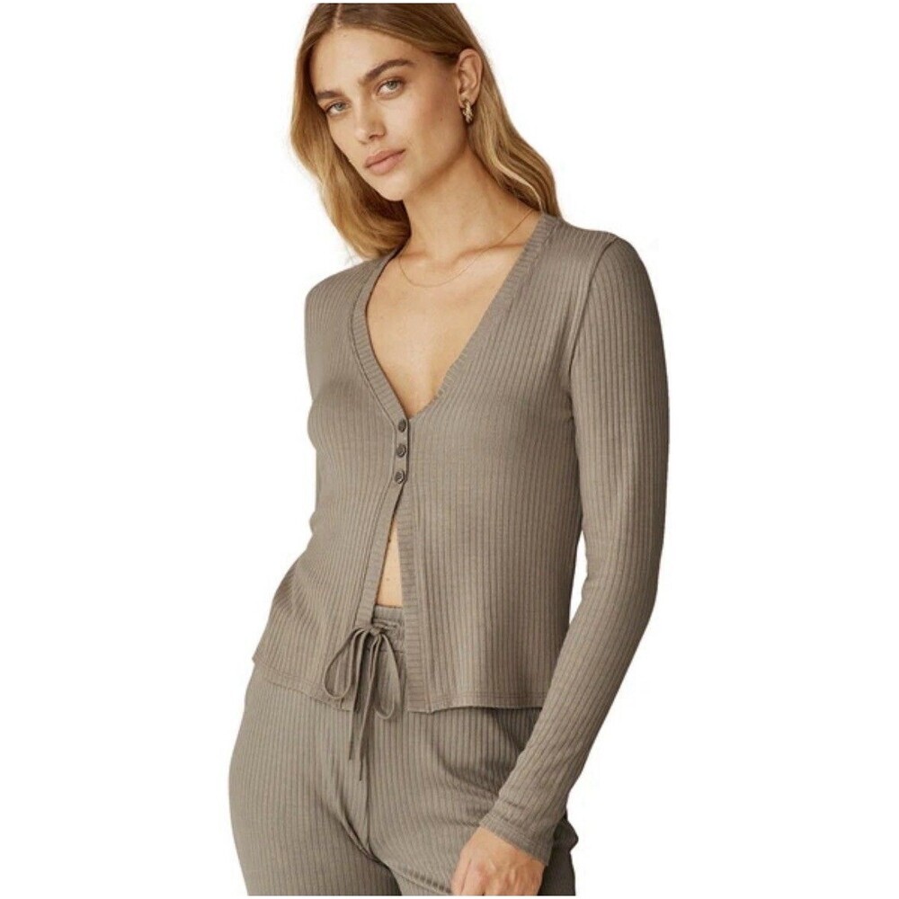 Beyond Yoga Well Traveled Ribbed Cardigan Birch Brown Womens Large Lounge